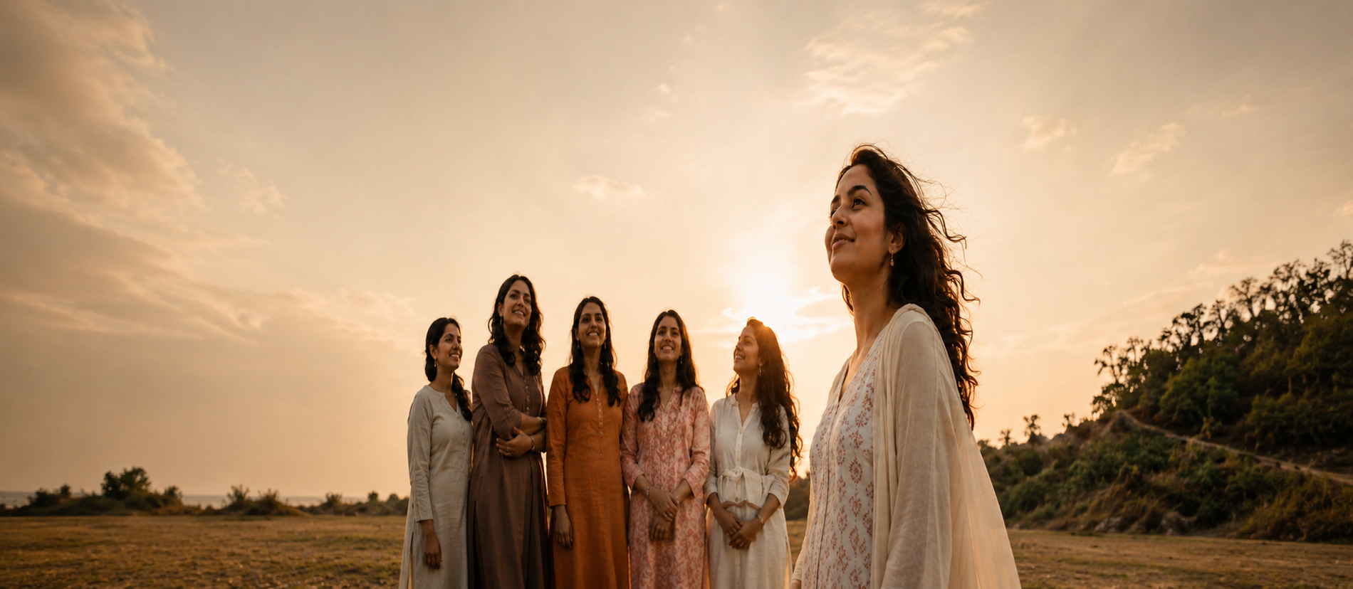 Women standing together at golden hour